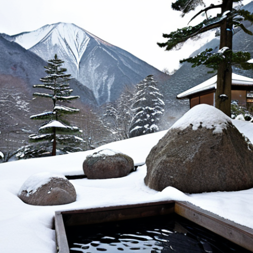 Home 7 **A serene open-air onsen (rotenburo) nestled amidst a snowy mountain landscape in the Japanese Alps. The warm, steaming water contrasts with the cold, crisp air. Incorporate natural elements like large boulders and evergreen trees. Focus on capturing the sense of tranquility and harmony with nature.**