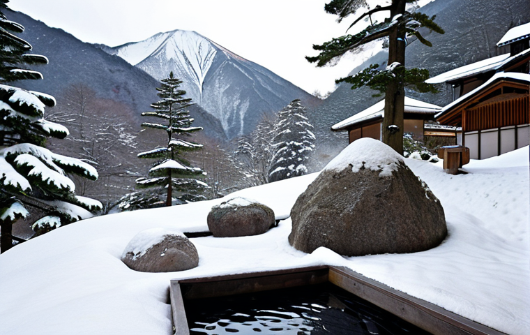 **A serene open-air onsen (rotenburo) nestled amidst a snowy mountain landscape in the Japanese Alps. The warm, steaming water contrasts with the cold, crisp air. Incorporate natural elements like large boulders and evergreen trees. Focus on capturing the sense of tranquility and harmony with nature.**