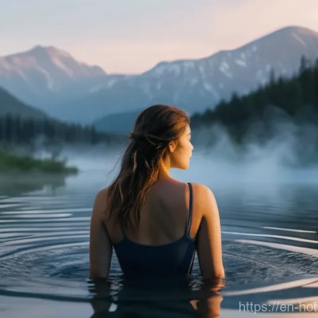 온천과 대자연의 조화 - An atmospheric wide shot of a person (wearing a modest, full-coverage swimsuit) soaking peacefully i...
