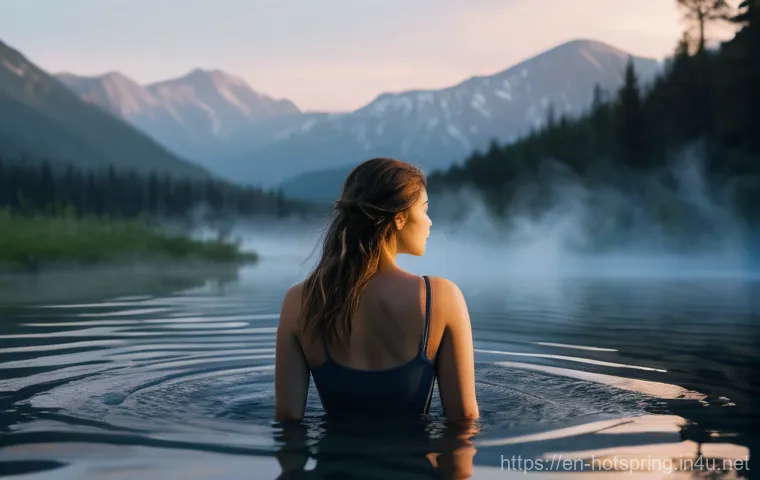 온천과 대자연의 조화 - An atmospheric wide shot of a person (wearing a modest, full-coverage swimsuit) soaking peacefully i...