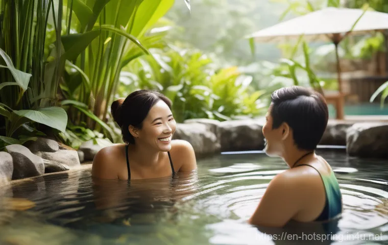 온천과 대자연의 조화 - An atmospheric wide shot of a person (wearing a modest, full-coverage swimsuit) soaking peacefully i... 온천과 대자연의 조화 - An atmospheric wide shot of a person (wearing a modest, full-coverage swimsuit) soaking peacefully i...