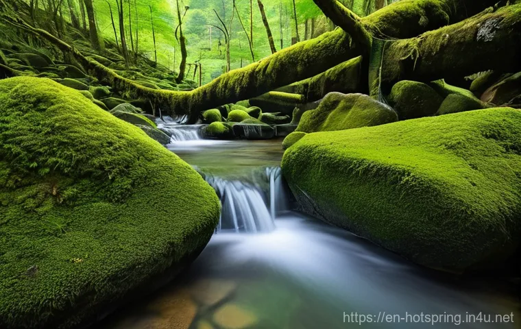 온천과 아로마 테라피 - **"A serene, natural hot spring nestled within a lush, misty forest at dawn. The warm, mineral-rich ...