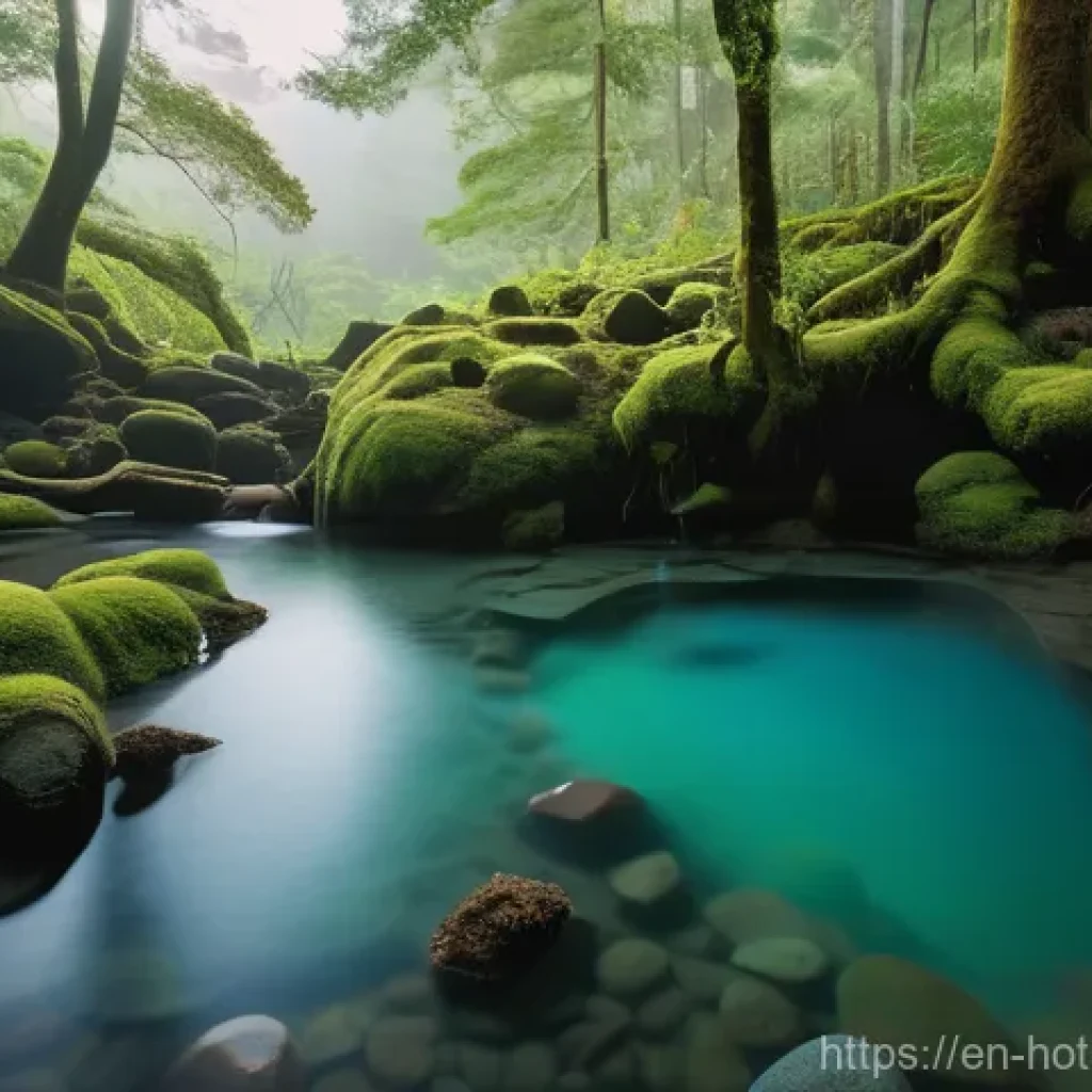 온천과 마음의 치유 - **Prompt:** A serene, wide-angle shot of a natural outdoor hot spring at dawn. The water is a milky ...