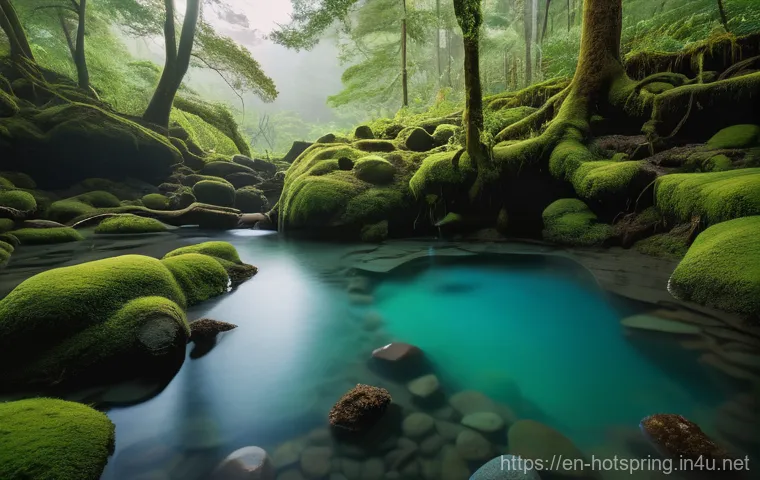 온천과 마음의 치유 - **Prompt:** A serene, wide-angle shot of a natural outdoor hot spring at dawn. The water is a milky ...