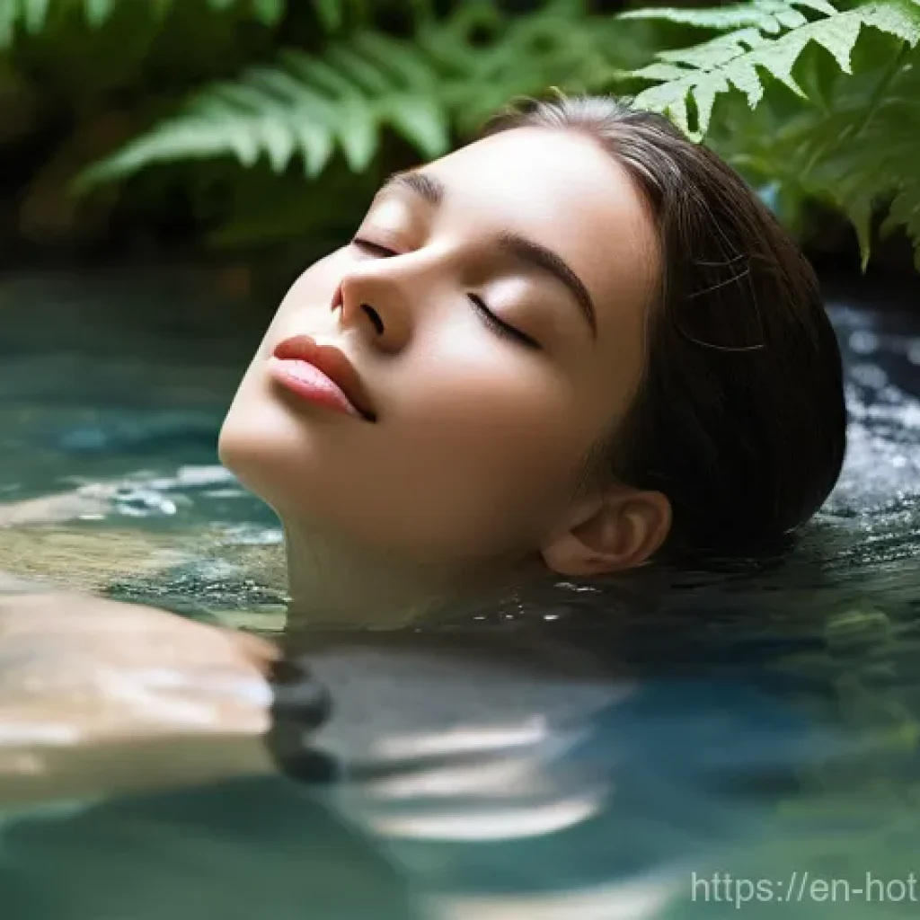 온천과 미용 - **Prompt 1: Serene Mineral Soak for Radiant Skin**
"A young woman, approximately 25-35 years old...