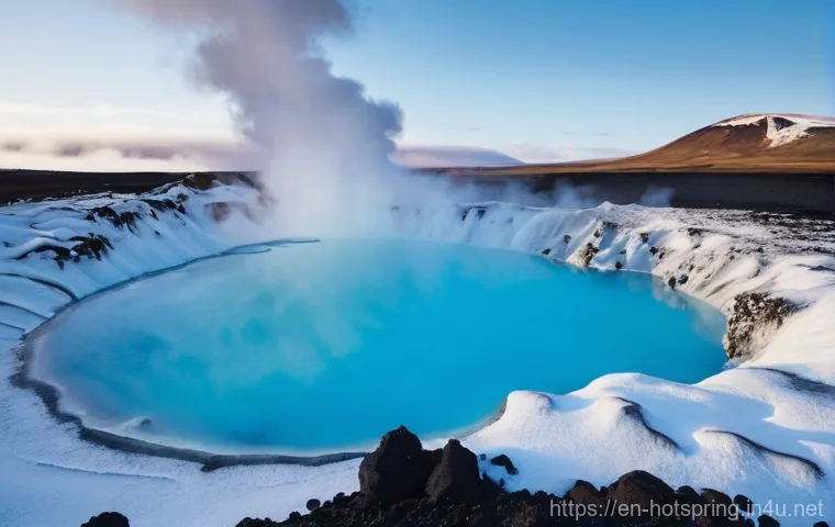 해외 온천 여행 - **Prompt:** A majestic, panoramic view of an Icelandic geothermal hot spring, reminiscent of the Blu...