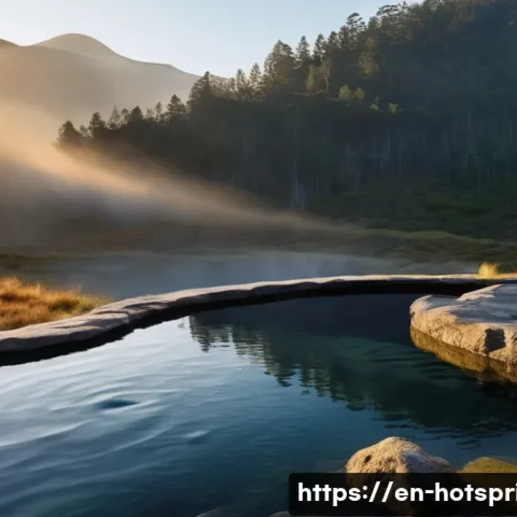 핫스프링 추천 - **Rustic Mountain Hot Spring at Dawn:**
A breathtaking scene of a natural, rustic hot spring nes...