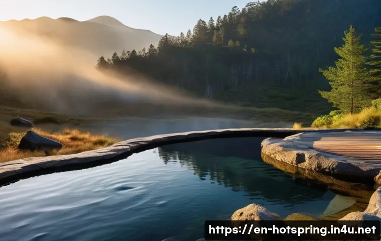 핫스프링 추천 - **Rustic Mountain Hot Spring at Dawn:**
A breathtaking scene of a natural, rustic hot spring nes...
