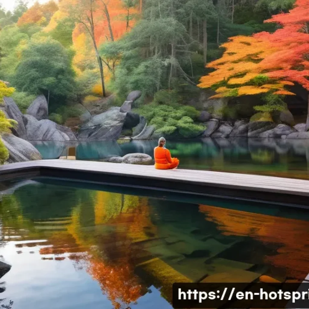 온천 여행지의 특이점 - A serene outdoor geothermal hot spring nestled in a lush forest during early autumn, surrounded by v...