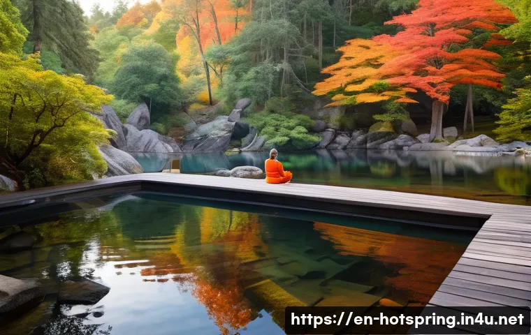 온천 여행지의 특이점 - A serene outdoor geothermal hot spring nestled in a lush forest during early autumn, surrounded by v...