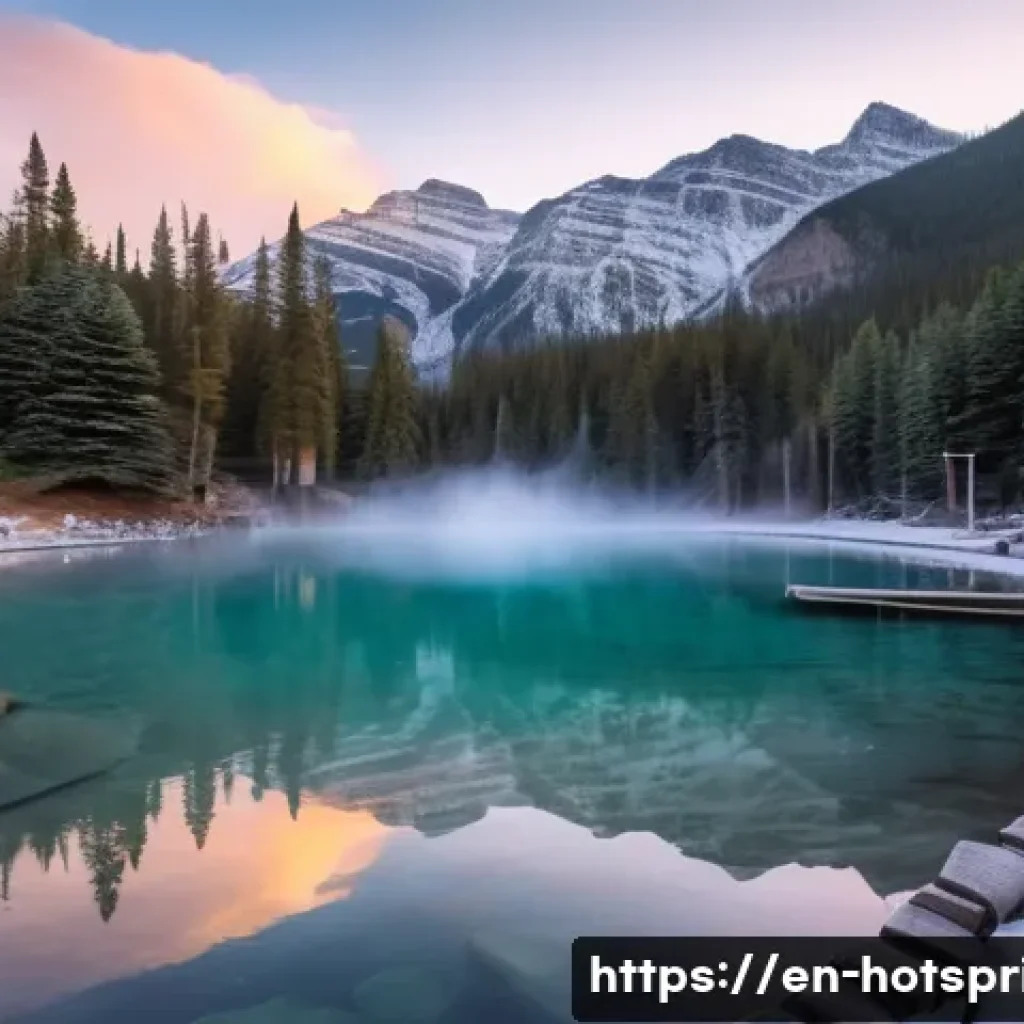 온천 여행 사진 - A serene early morning scene at Banff Upper Hot Springs, Canada, featuring a wide-angle view of the ...