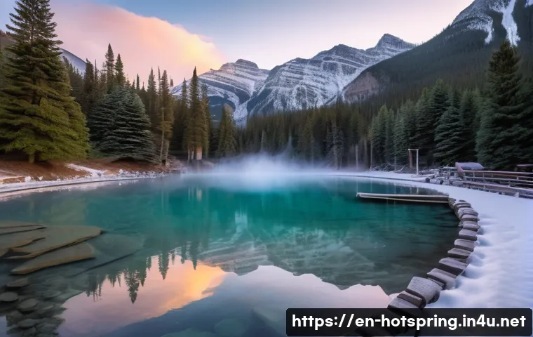 온천 여행 사진 - A serene early morning scene at Banff Upper Hot Springs, Canada, featuring a wide-angle view of the ...