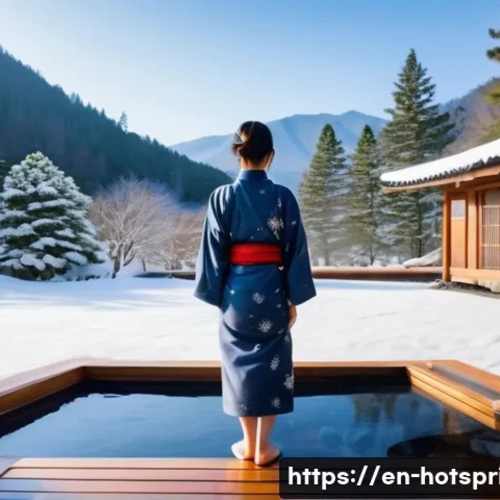 온천 투어 예약 - A serene mountain hot spring scene during winter, featuring a rustic wooden inn surrounded by snow-c...