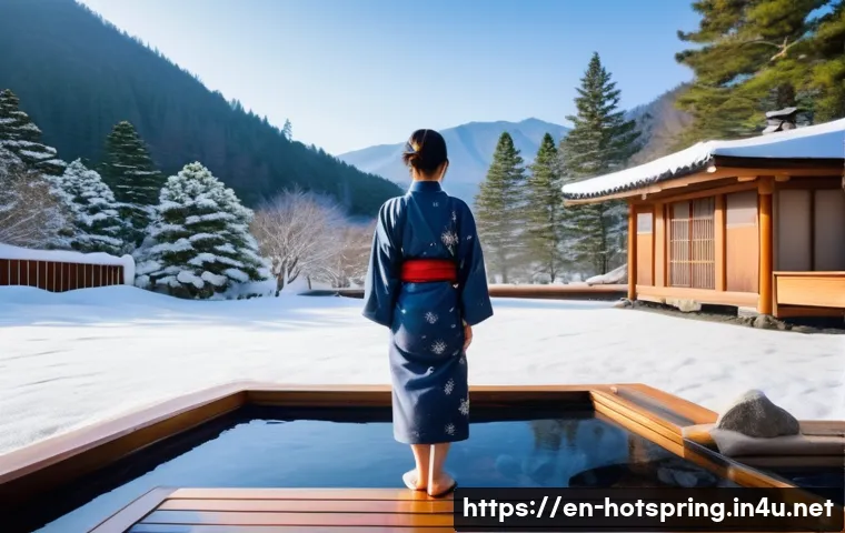 온천 투어 예약 - A serene mountain hot spring scene during winter, featuring a rustic wooden inn surrounded by snow-c...