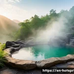 Home 22 온천 방문 시 주의사항 - A serene outdoor hot spring scene at dawn with natural rock formations and gentle steam rising from ...