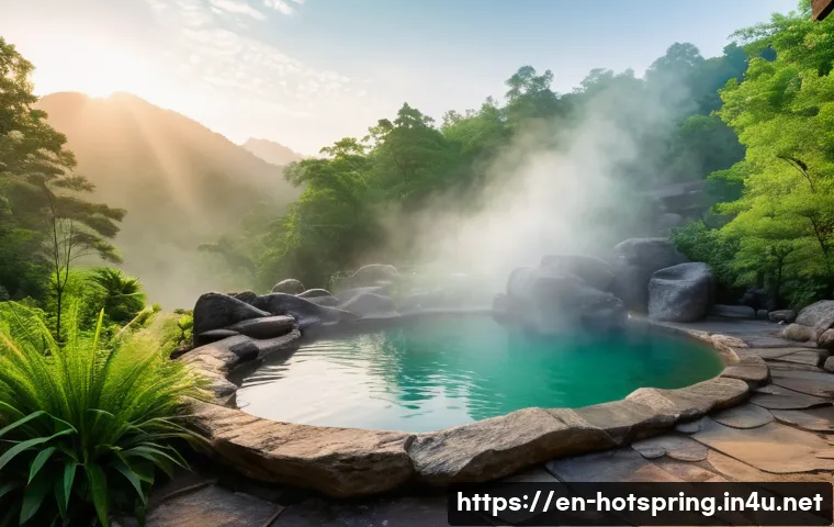 온천 방문 시 주의사항 - A serene outdoor hot spring scene at dawn with natural rock formations and gentle steam rising from ...