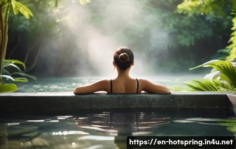 핫스프링과 사우나 - A serene spa scene featuring a middle-aged woman relaxing in a large, natural mineral hot spring sur...