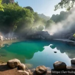 Home 20 온천과 안전 수칙 - A serene outdoor hot spring scene during early morning with soft mist rising above clear mineral-ric...
