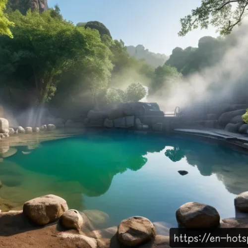 Home 32 온천과 안전 수칙 - A serene outdoor hot spring scene during early morning with soft mist rising above clear mineral-ric...
