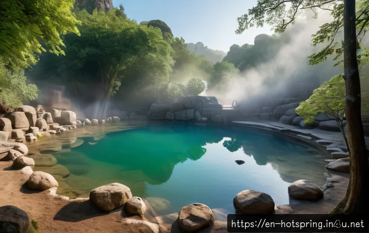 온천과 안전 수칙 - A serene outdoor hot spring scene during early morning with soft mist rising above clear mineral-ric...
