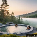 Home 19 온천과 여행의 필요성 - A serene natural hot spring scene at dusk, surrounded by lush pine trees and gentle steam rising fro...