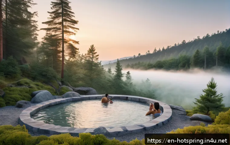 온천과 여행의 필요성 - A serene natural hot spring scene at dusk, surrounded by lush pine trees and gentle steam rising fro...
