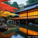 Home 18 온천 마을 탐험 - A serene autumn scene of a traditional Japanese ryokan nestled in a forest, featuring natural outdoo...