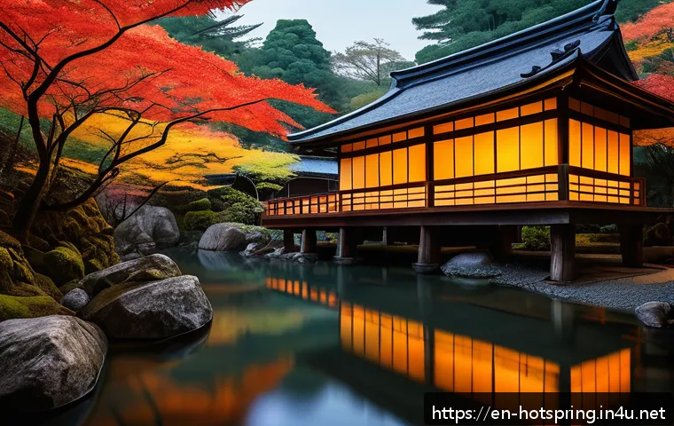 온천 마을 탐험 - A serene autumn scene of a traditional Japanese ryokan nestled in a forest, featuring natural outdoo...