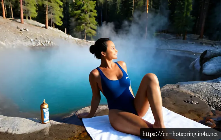 온천 휴식법 - Photorealistic outdoor natural hot spring relaxation scene in the American Rocky Mountains, a middle...