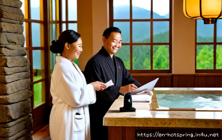 온천과 관광객 맞춤 서비스 - Photorealistic upscale geothermal hot spring resort reception, friendly concierge warmly assisting a...